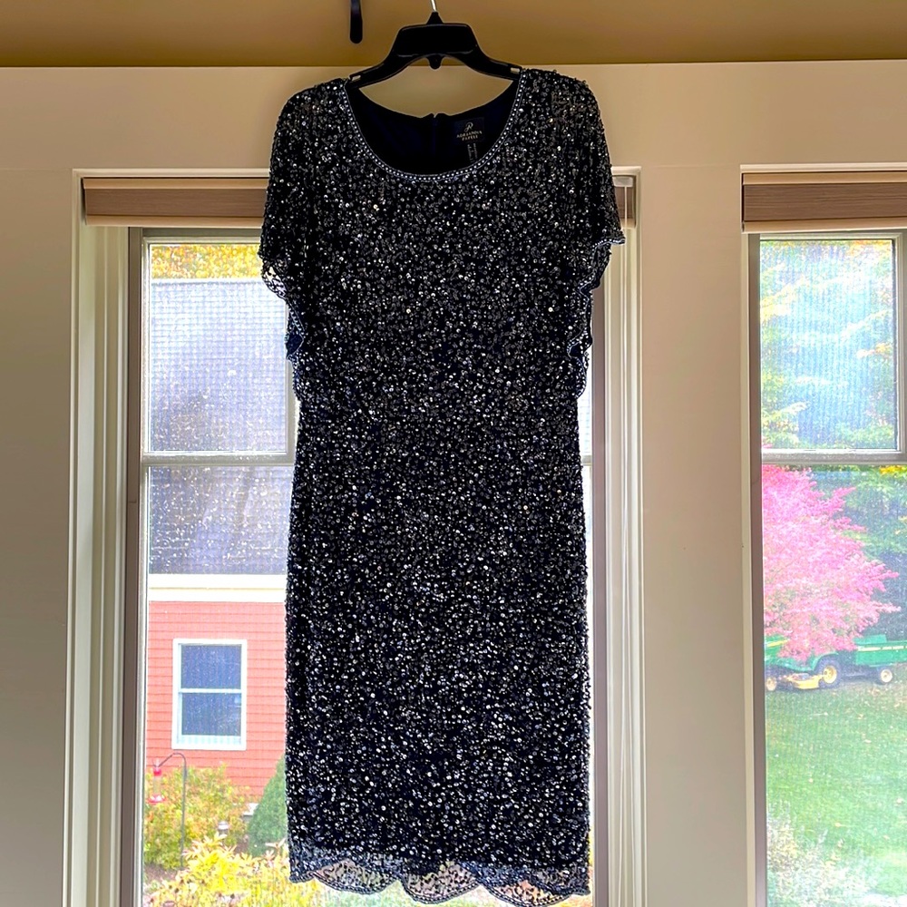 Adrianna Papell sequined flutter sleeve cocktail dress. Size 14. Navy Blue.